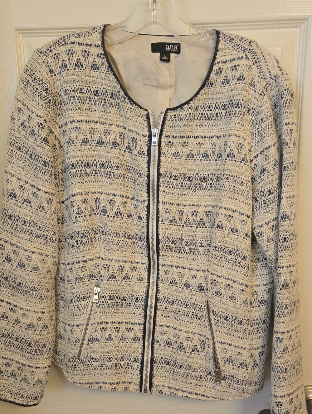 a.n.a Cream and Navy Patterned Zip Cardigan